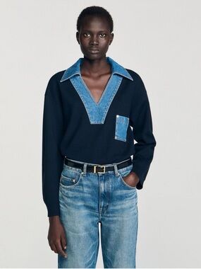 Sandro Navy Sweater with Denim Trim